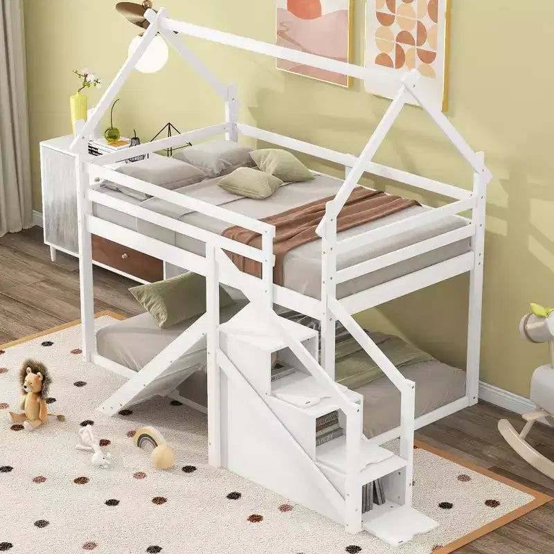 Lits superposés maison avec toboggan et escaliers de rangement, lit superposé double en bois avec toit et escaliers pour filles et garçons