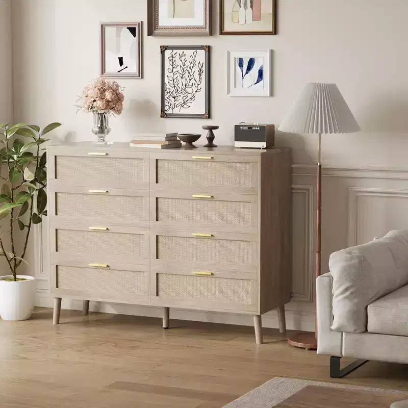 Rattan Chest of Drawers, 8-Drawer Dresser with Wood Legs and Metal Handles, Boho Style Storage Organizer for Bedroom