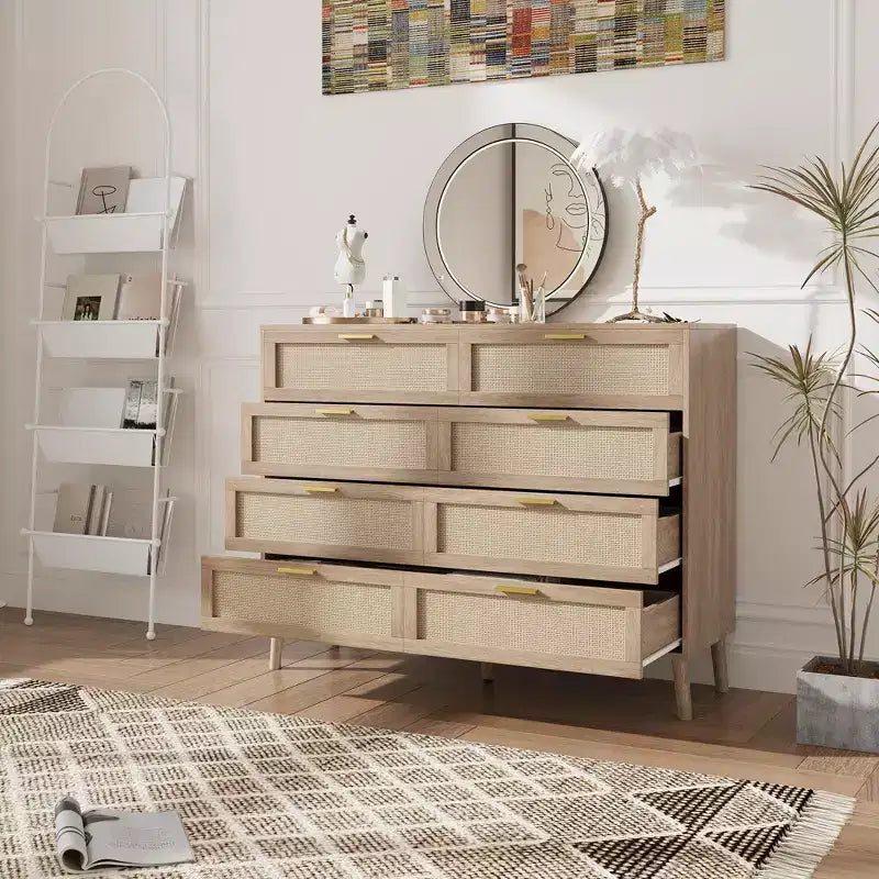 Commode en rotin, commode à 8 tiroirs avec pieds en bois et poignées en métal, organisateur de rangement de style bohème pour chambre à coucher