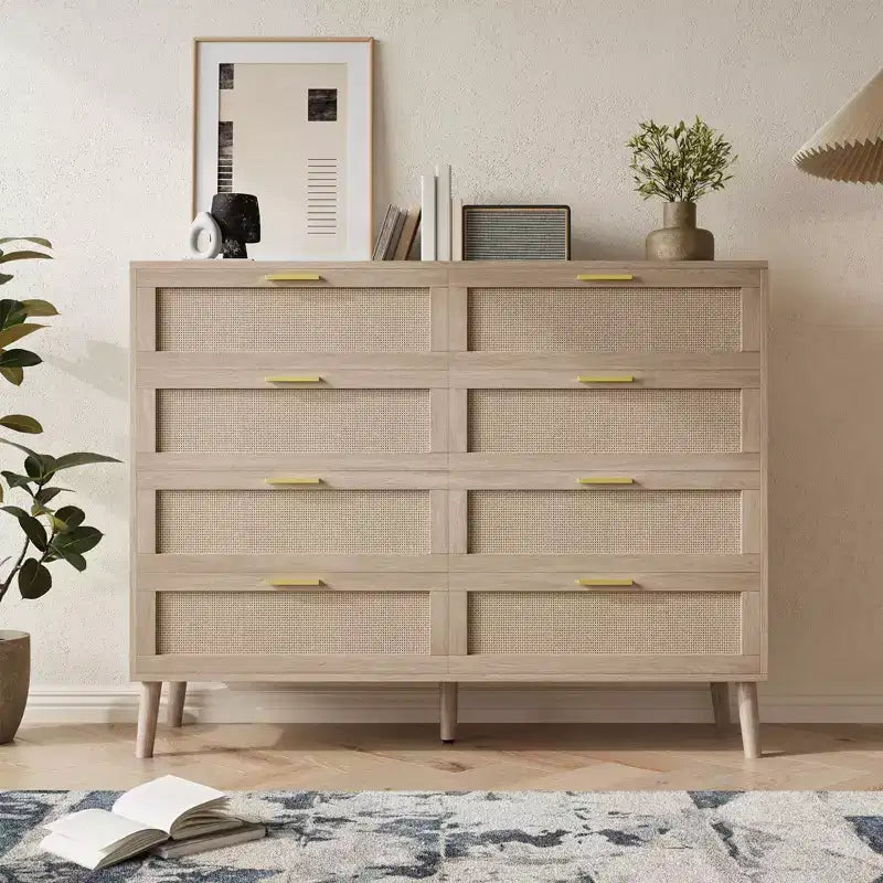 Commode en rotin, commode à 8 tiroirs avec pieds en bois et poignées en métal, organisateur de rangement de style bohème pour chambre à coucher