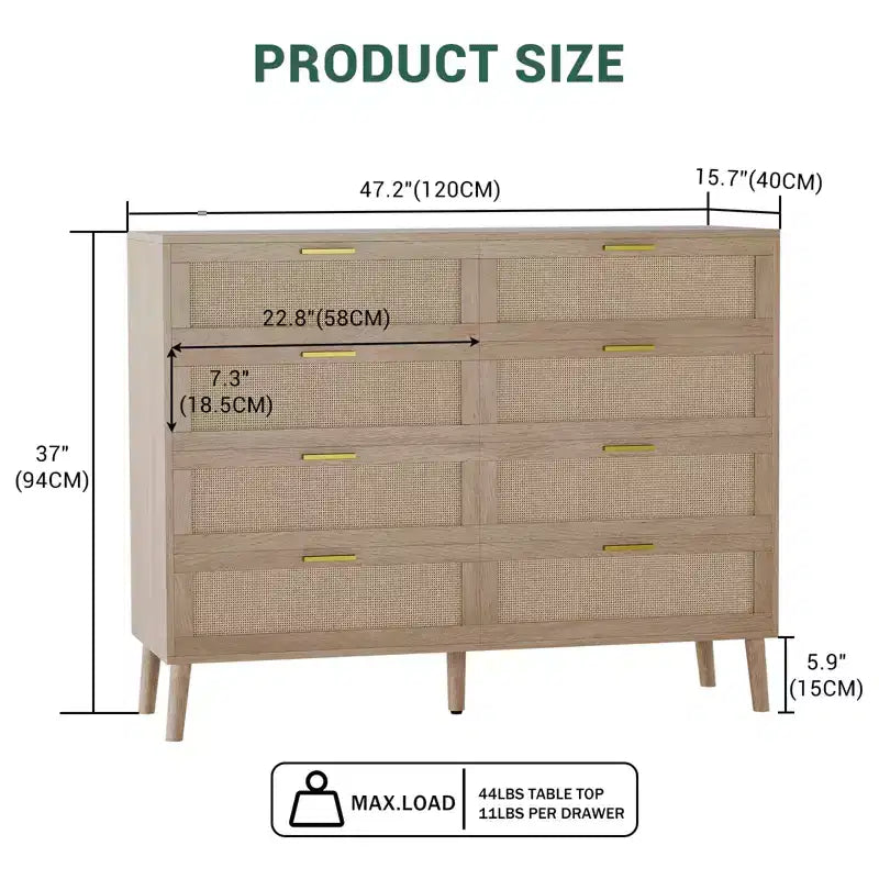 Commode en rotin, commode à 8 tiroirs avec pieds en bois et poignées en métal, organisateur de rangement de style bohème pour chambre à coucher