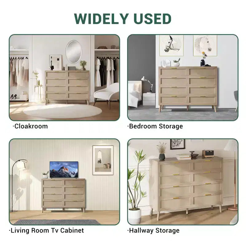 Commode en rotin, commode à 8 tiroirs avec pieds en bois et poignées en métal, organisateur de rangement de style bohème pour chambre à coucher