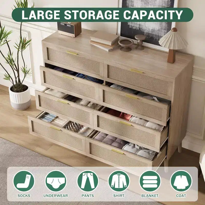 Commode en rotin, commode à 8 tiroirs avec pieds en bois et poignées en métal, organisateur de rangement de style bohème pour chambre à coucher