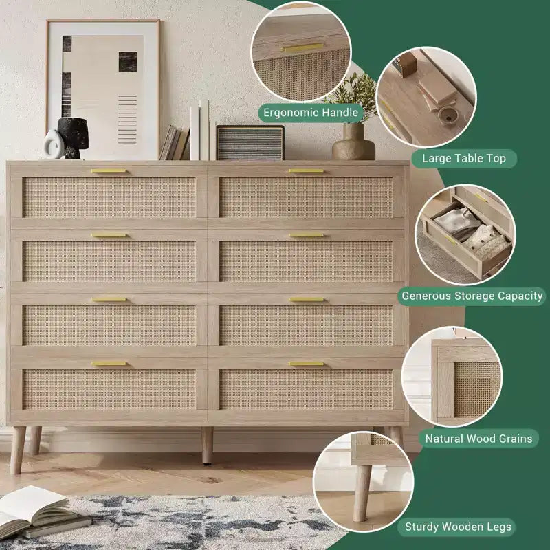 Commode en rotin, commode à 8 tiroirs avec pieds en bois et poignées en métal, organisateur de rangement de style bohème pour chambre à coucher