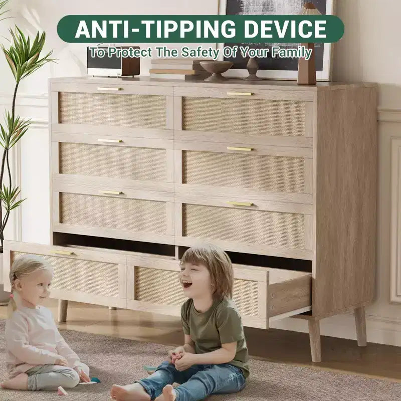 Commode en rotin, commode à 8 tiroirs avec pieds en bois et poignées en métal, organisateur de rangement de style bohème pour chambre à coucher