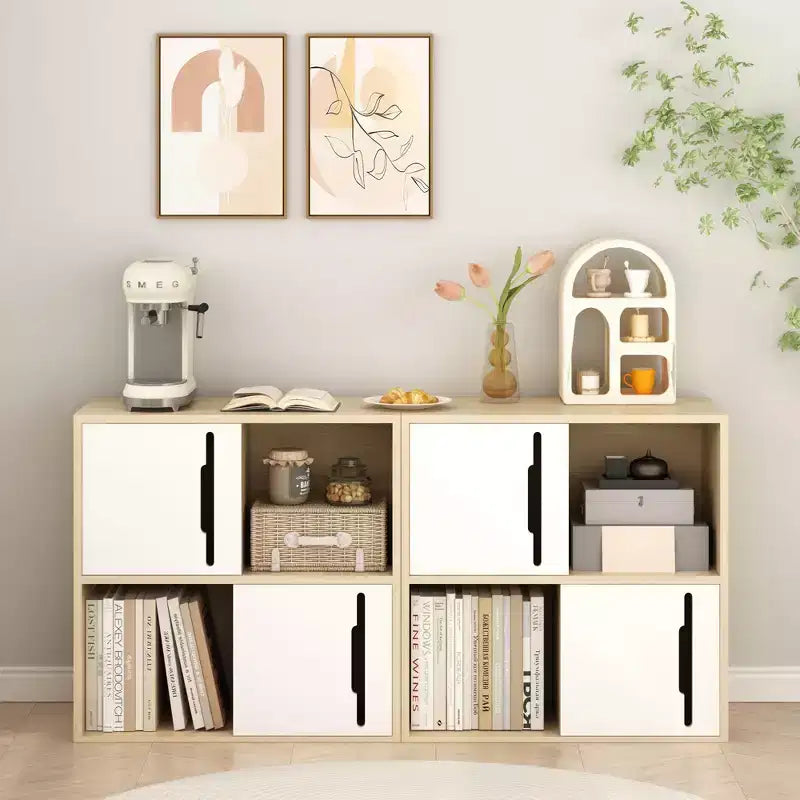 Bahut de rangement avec portes coulissantes, meuble de rangement d'appoint avec étagères ouvertes et fermées à 2 niveaux, naturel+blanc