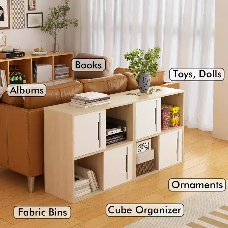 Bahut de rangement avec portes coulissantes, meuble de rangement d'appoint avec étagères ouvertes et fermées à 2 niveaux, naturel+blanc
