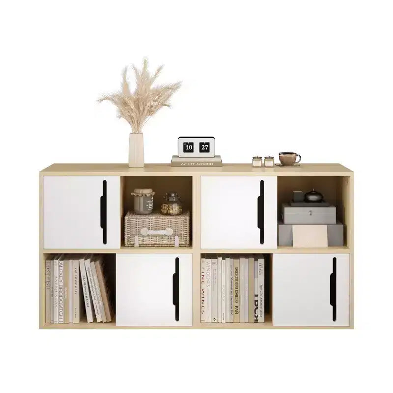 Bahut de rangement avec portes coulissantes, meuble de rangement d'appoint avec étagères ouvertes et fermées à 2 niveaux, naturel+blanc