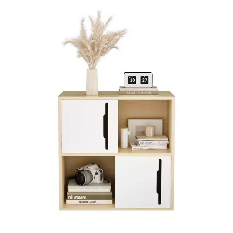Bahut de rangement avec portes coulissantes, meuble de rangement d'appoint avec étagères ouvertes et fermées à 2 niveaux, naturel+blanc