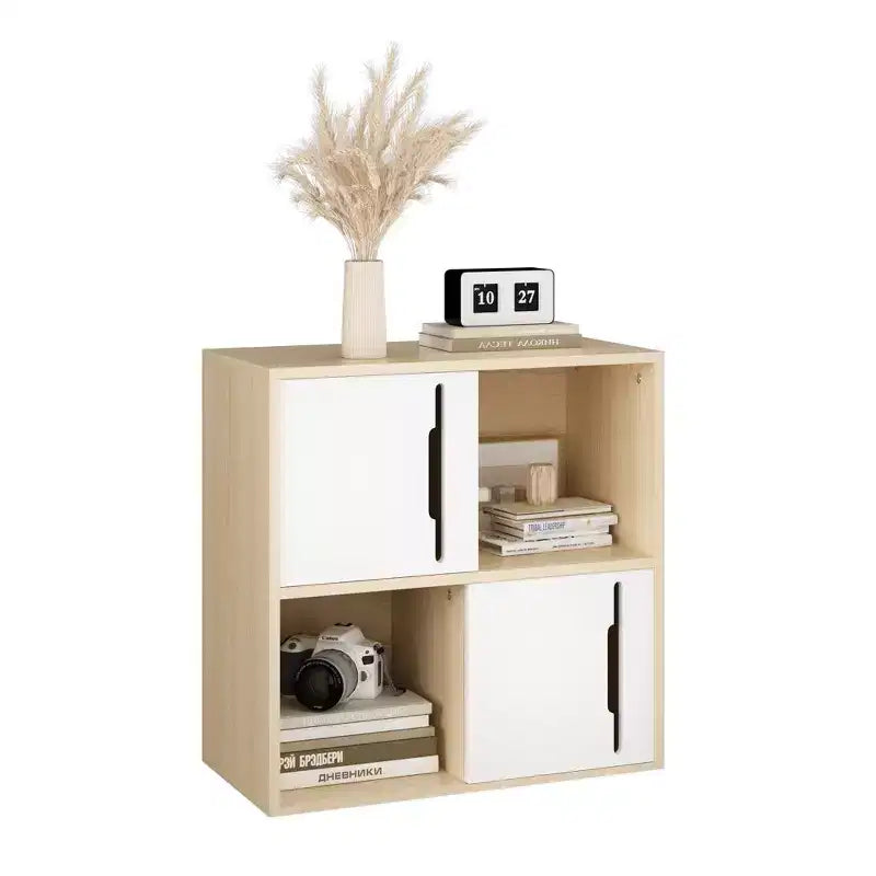 Bahut de rangement avec portes coulissantes, meuble de rangement d'appoint avec étagères ouvertes et fermées à 2 niveaux, naturel+blanc
