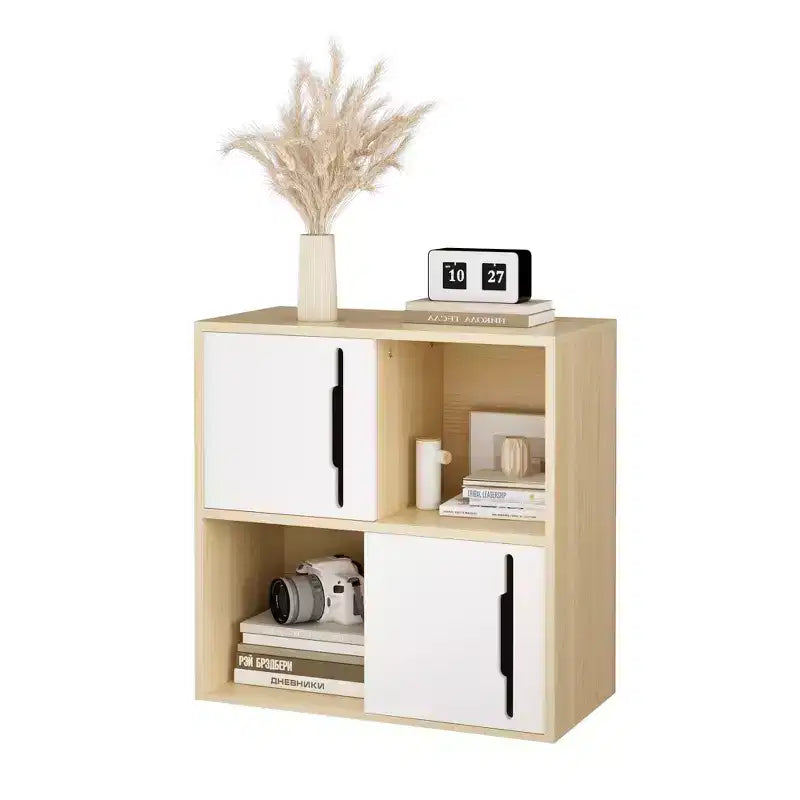 Bahut de rangement avec portes coulissantes, meuble de rangement d'appoint avec étagères ouvertes et fermées à 2 niveaux, naturel+blanc