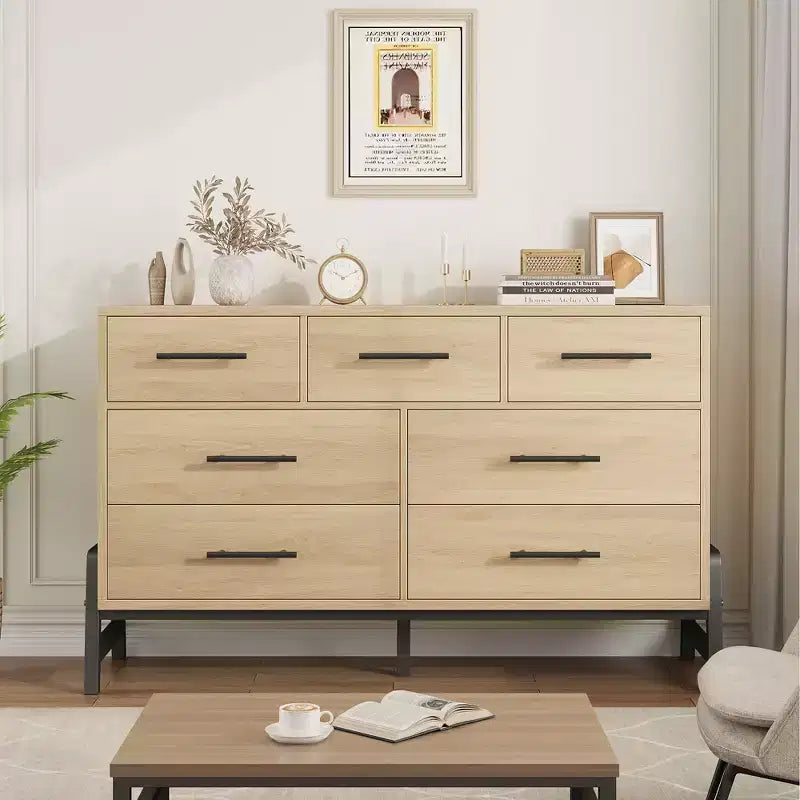 7 Commodes de chambre, commode à 5 tiroirs de 132 cm de large, commode de rangement en chêne naturel rustique pour le salon et la chambre à coucher