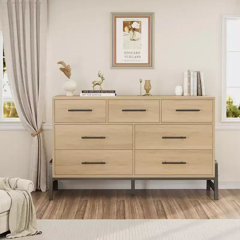 7 Commodes de chambre, commode à 5 tiroirs de 132 cm de large, commode de rangement en chêne naturel rustique pour le salon et la chambre à coucher