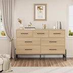 7 Commodes de chambre, commode à 5 tiroirs de 132 cm de large, commode de rangement en chêne naturel rustique pour le salon et la chambre à coucher