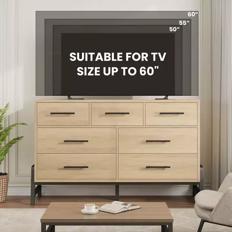 7 Commodes de chambre, commode à 5 tiroirs de 132 cm de large, commode de rangement en chêne naturel rustique pour le salon et la chambre à coucher
