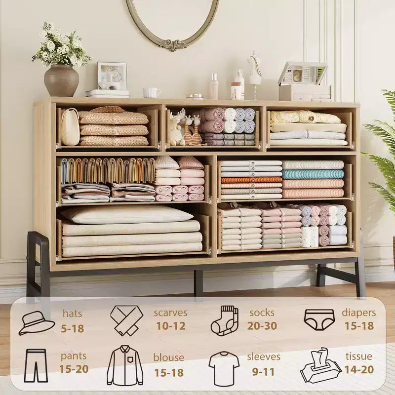 7 Commodes de chambre, commode à 5 tiroirs de 132 cm de large, commode de rangement en chêne naturel rustique pour le salon et la chambre à coucher