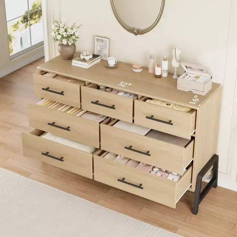 7 Commodes de chambre, commode à 5 tiroirs de 132 cm de large, commode de rangement en chêne naturel rustique pour le salon et la chambre à coucher