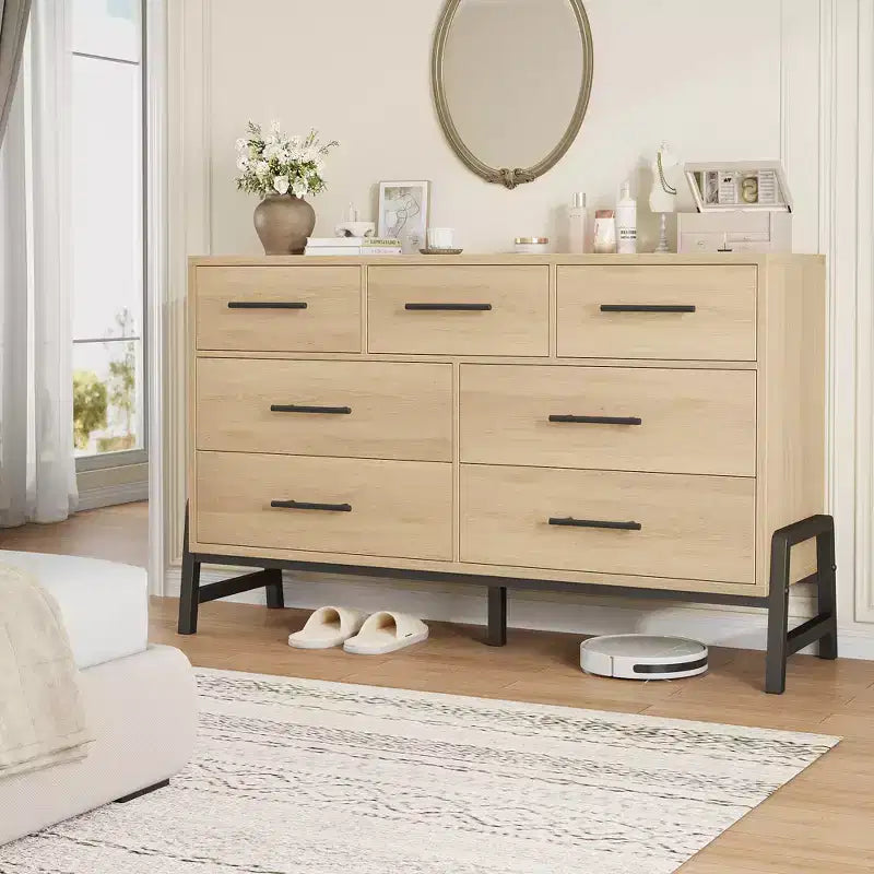 7 Commodes de chambre, commode à 5 tiroirs de 132 cm de large, commode de rangement en chêne naturel rustique pour le salon et la chambre à coucher
