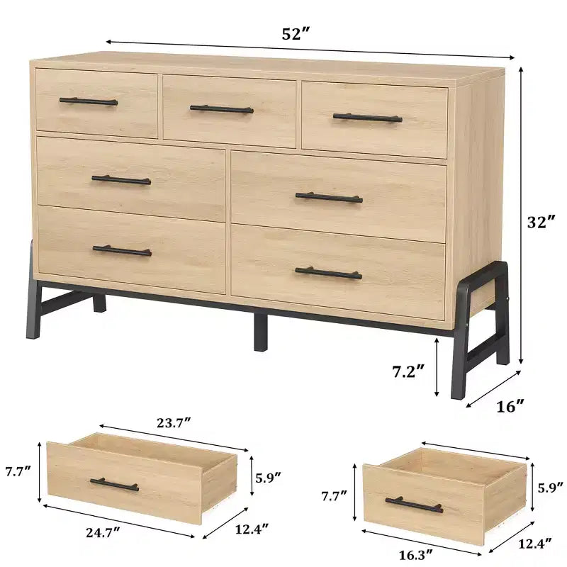 7 Commodes de chambre, commode à 5 tiroirs de 132 cm de large, commode de rangement en chêne naturel rustique pour le salon et la chambre à coucher