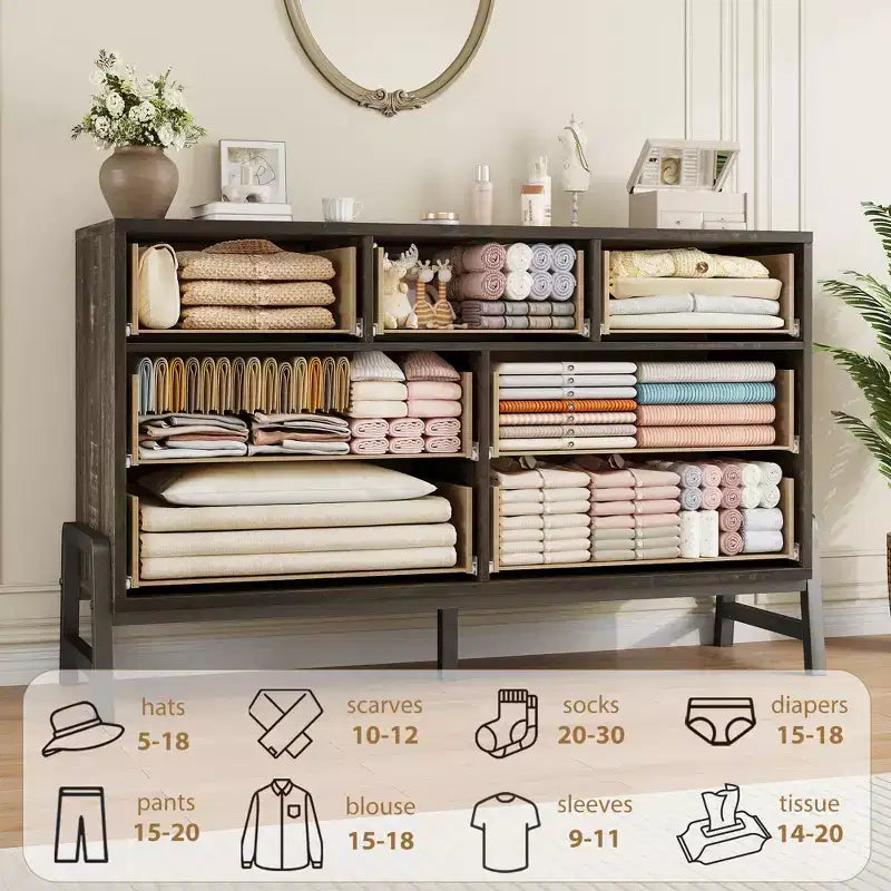 7 Commodes de chambre, commode à 5 tiroirs de 132 cm de large, commode de rangement en chêne naturel rustique pour le salon et la chambre à coucher