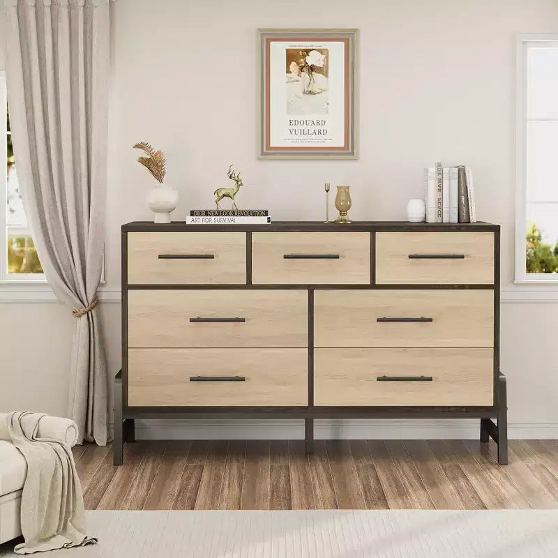 7 Commodes de chambre, commode à 5 tiroirs de 132 cm de large, commode de rangement en chêne naturel rustique pour le salon et la chambre à coucher