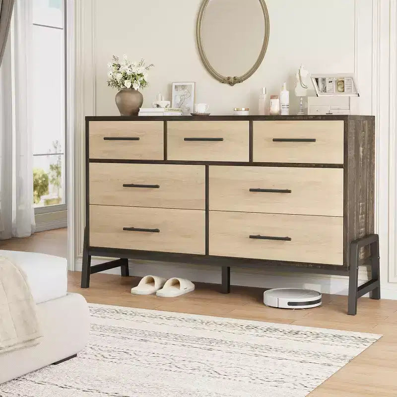 7 Commodes de chambre, commode à 5 tiroirs de 132 cm de large, commode de rangement en chêne naturel rustique pour le salon et la chambre à coucher