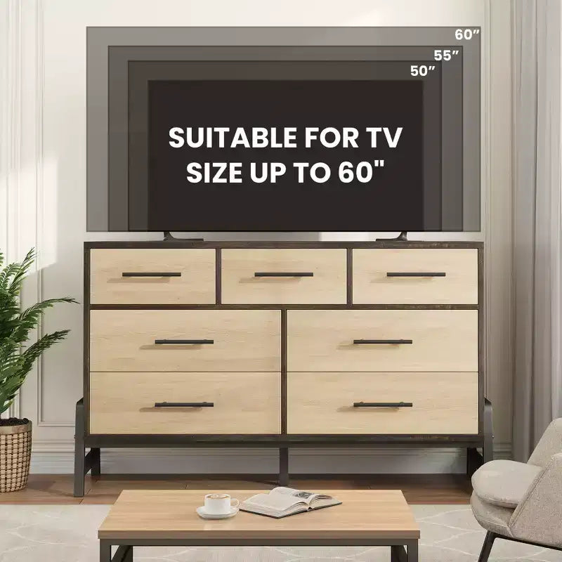 7 Commodes de chambre, commode à 5 tiroirs de 132 cm de large, commode de rangement en chêne naturel rustique pour le salon et la chambre à coucher
