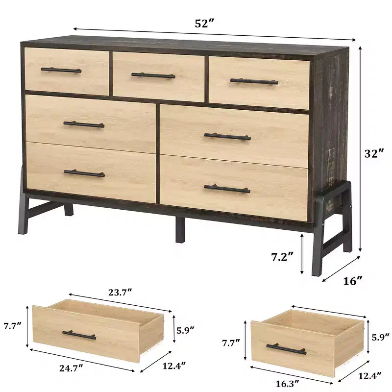 7 Commodes de chambre, commode à 5 tiroirs de 132 cm de large, commode de rangement en chêne naturel rustique pour le salon et la chambre à coucher