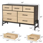 7 Commodes de chambre, commode à 5 tiroirs de 132 cm de large, commode de rangement en chêne naturel rustique pour le salon et la chambre à coucher