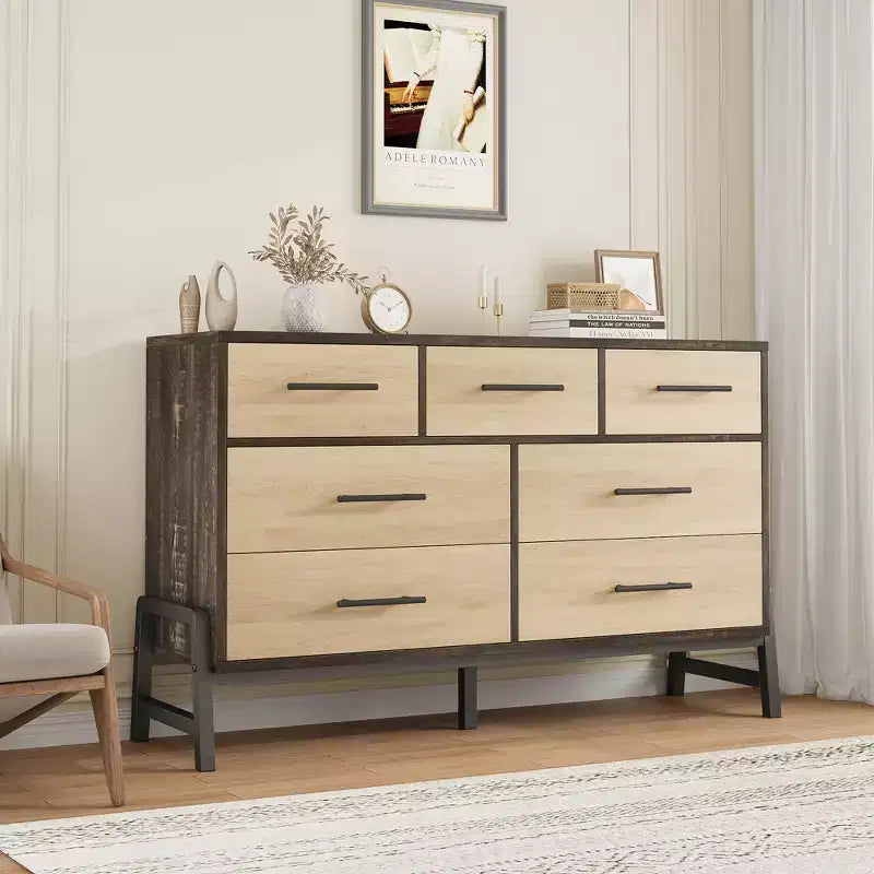 7 Commodes de chambre, commode à 5 tiroirs de 132 cm de large, commode de rangement en chêne naturel rustique pour le salon et la chambre à coucher