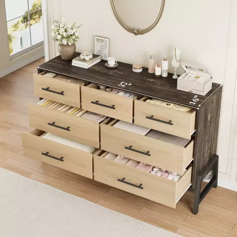 7 Commodes de chambre, commode à 5 tiroirs de 132 cm de large, commode de rangement en chêne naturel rustique pour le salon et la chambre à coucher