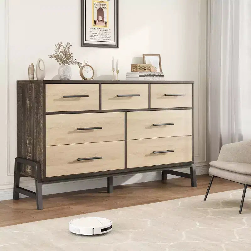 7 Dresser for Bedroom, Freestanding 52 Wide Drawer Dresser with Storage,Rustic Natural Oak Storage Chest  Elevate Living Room, Bedroom
