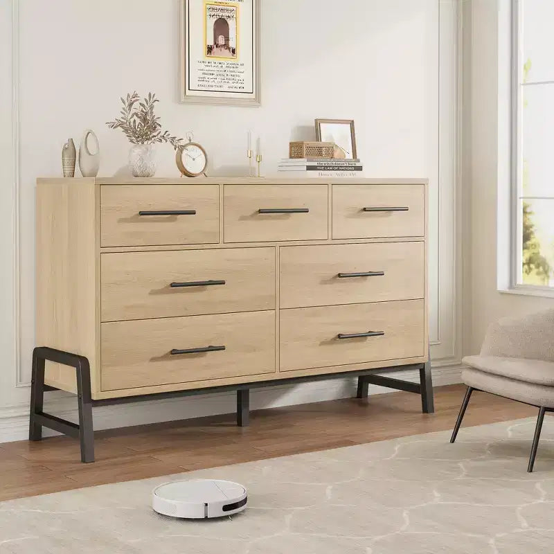 7 Commodes de chambre, commode à 5 tiroirs de 132 cm de large, commode de rangement en chêne naturel rustique pour le salon et la chambre à coucher