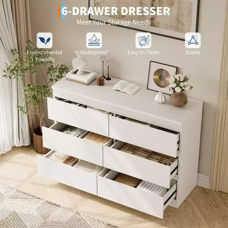 Commode Blanche Moderne à 6 Tiroirs, Commode Simple et Moderne, Commodes à 6 Tiroirs pour Rangement de Vêtements dans la Chambre, Commode Double en Bois