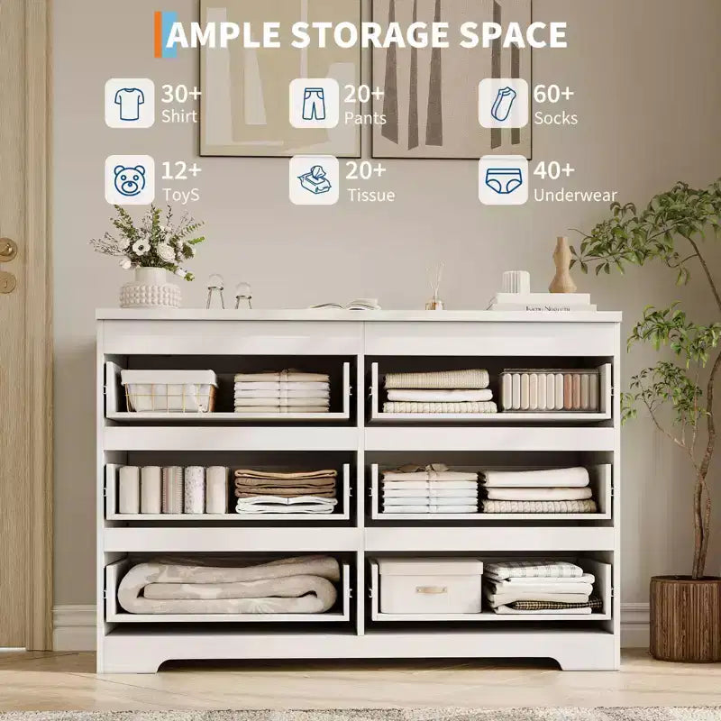 Commode Blanche Moderne à 6 Tiroirs, Commode Simple et Moderne, Commodes à 6 Tiroirs pour Rangement de Vêtements dans la Chambre, Commode Double en Bois