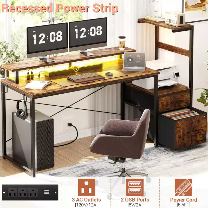 Bureau informatique de 60 pouces avec tiroirs en tissu et station de charge
