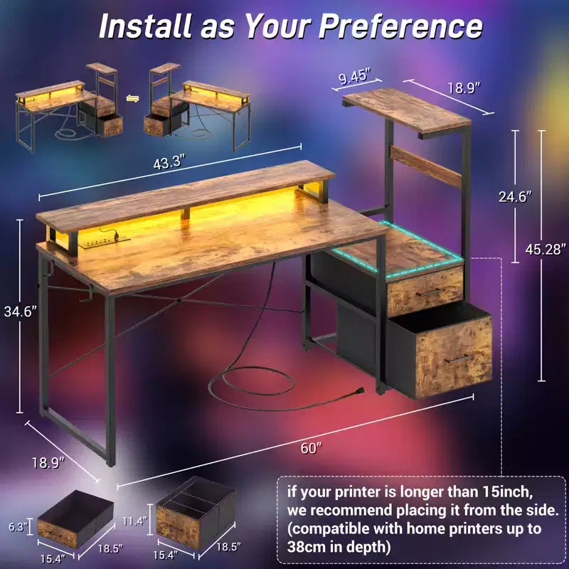 Bureau informatique de 60 pouces avec tiroirs en tissu et station de charge