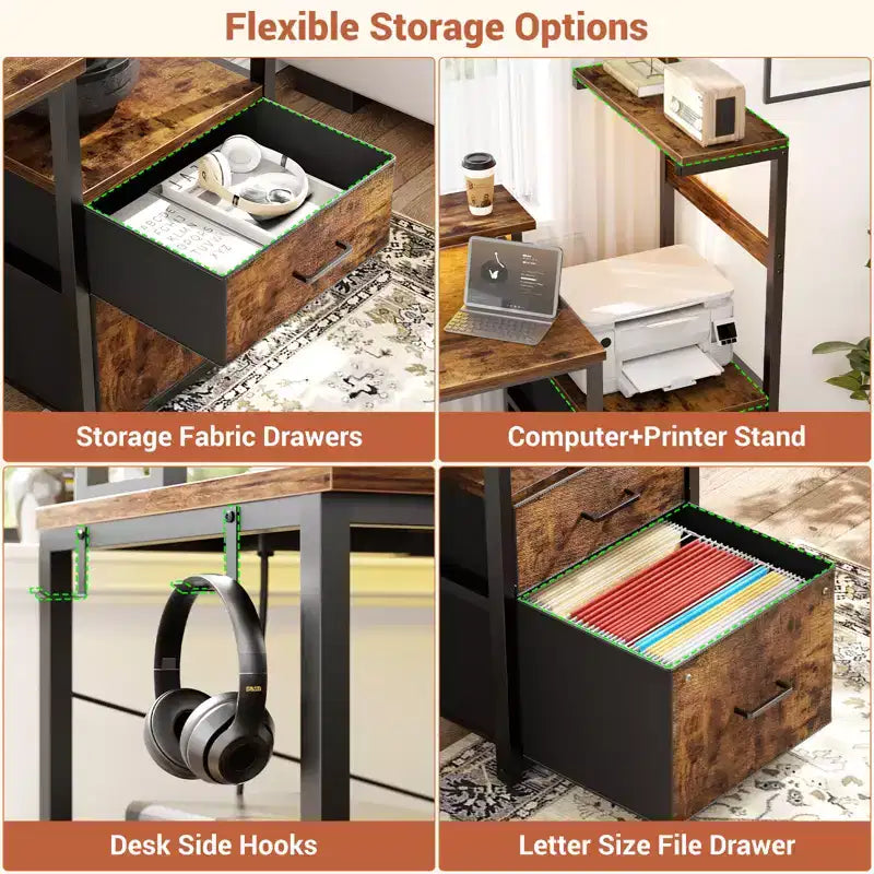 Bureau informatique de 60 pouces avec tiroirs en tissu et station de charge