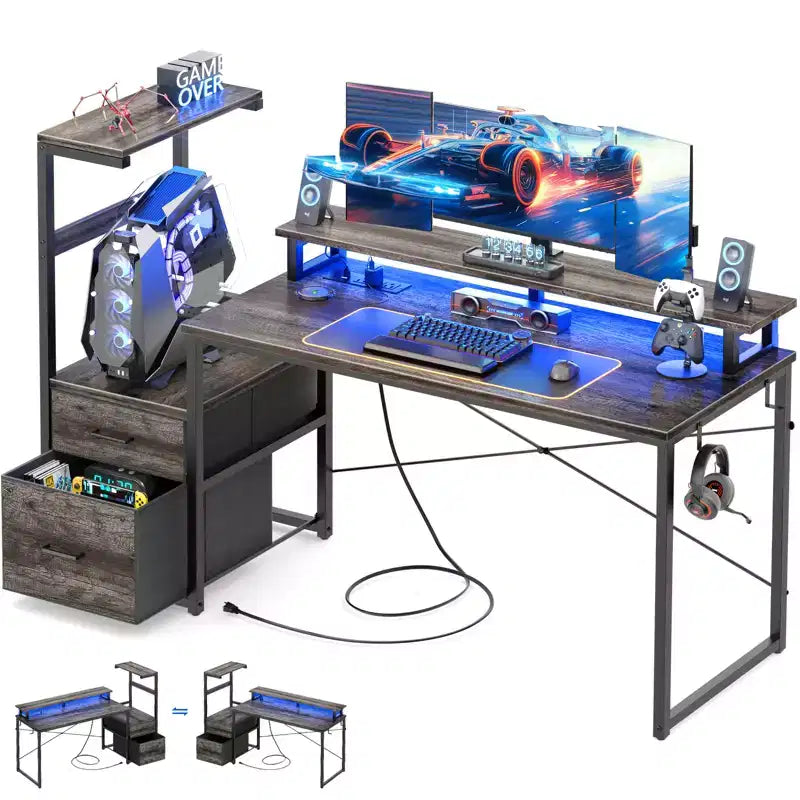 Bureau informatique de 60 pouces avec tiroirs en tissu et station de charge