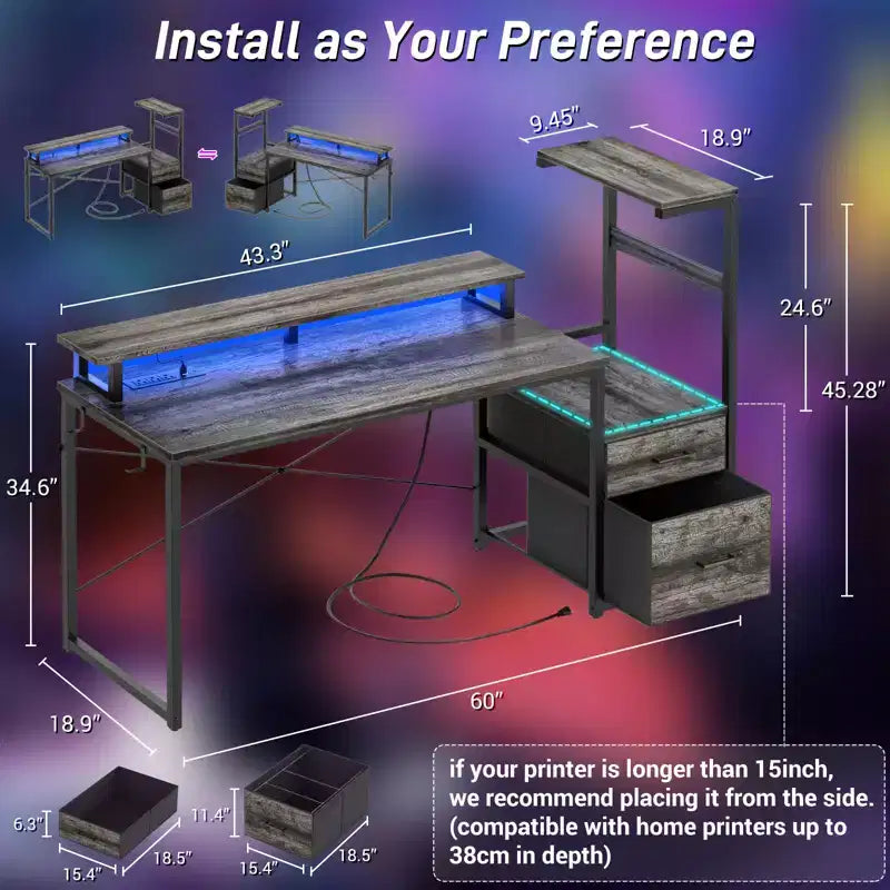Bureau informatique de 60 pouces avec tiroirs en tissu et station de charge