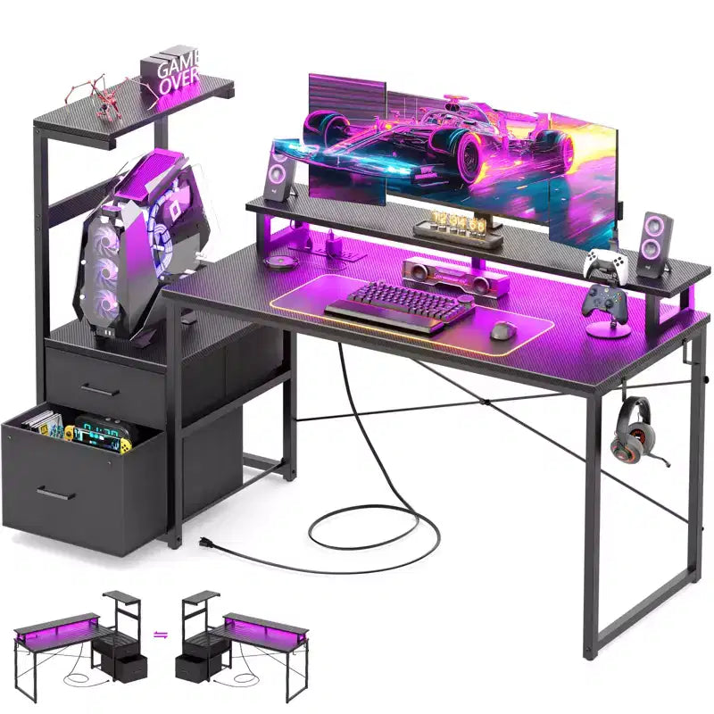 Bureau informatique de 60 pouces avec tiroirs en tissu et station de charge