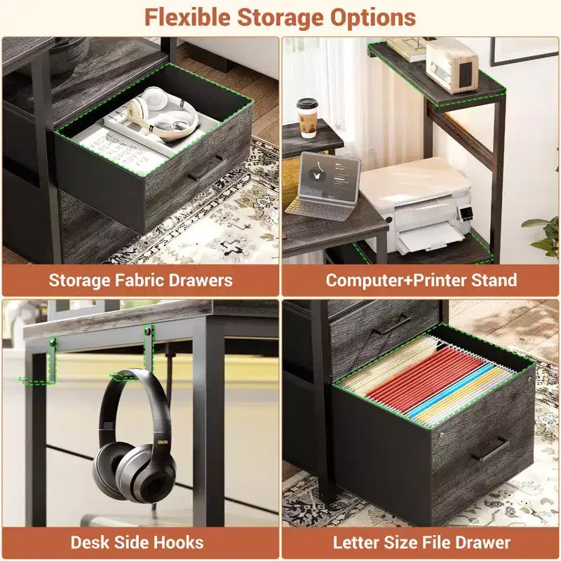 Bureau informatique de 60 pouces avec tiroirs en tissu et station de charge