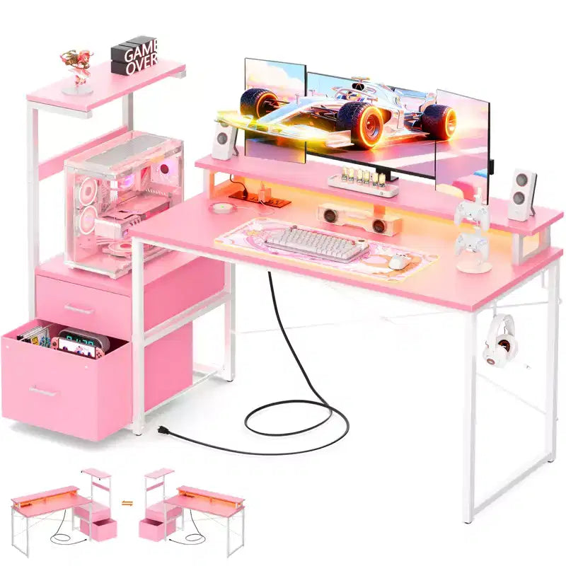 Bureau informatique de 60 pouces avec tiroirs en tissu et station de charge