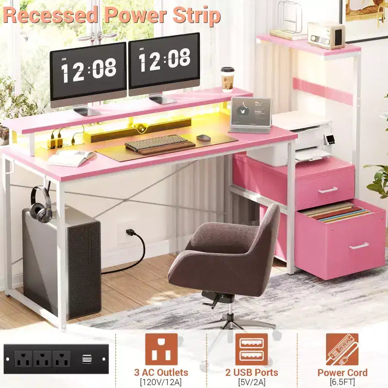 Bureau informatique de 60 pouces avec tiroirs en tissu et station de charge