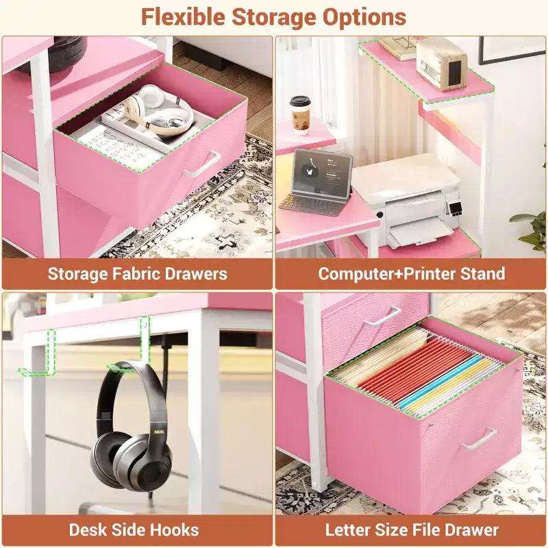 Bureau informatique de 60 pouces avec tiroirs en tissu et station de charge