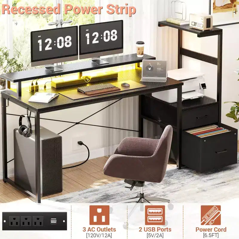 Bureau informatique de 60 pouces avec tiroirs en tissu et station de charge
