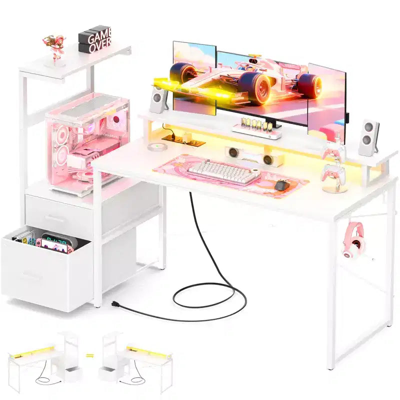 Bureau informatique de 60 pouces avec tiroirs en tissu et station de charge