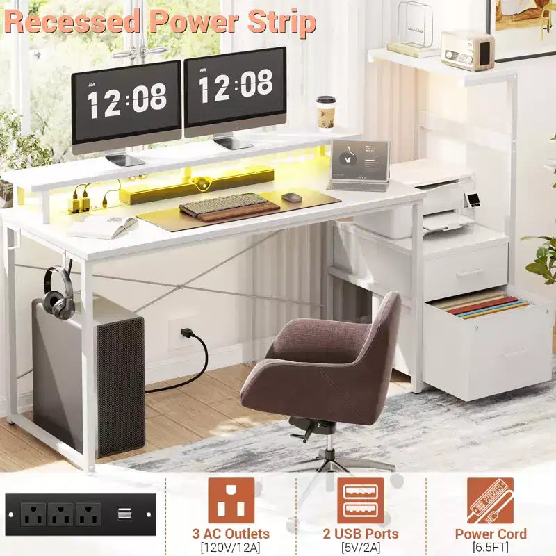 Bureau informatique de 60 pouces avec tiroirs en tissu et station de charge