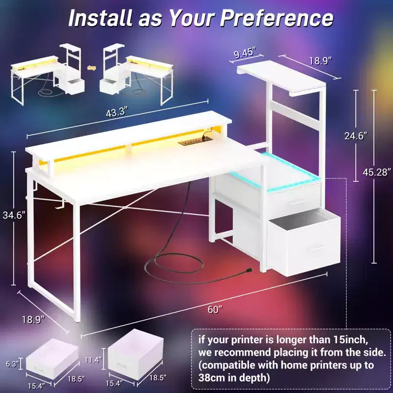 Bureau informatique de 60 pouces avec tiroirs en tissu et station de charge