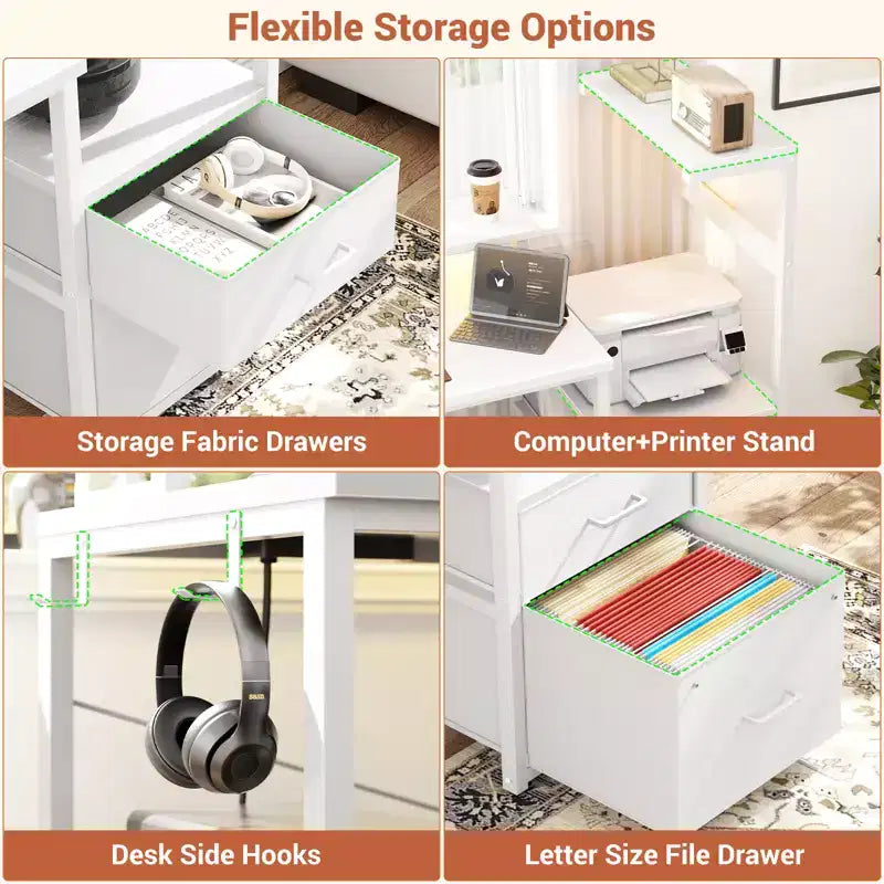 Bureau informatique de 60 pouces avec tiroirs en tissu et station de charge